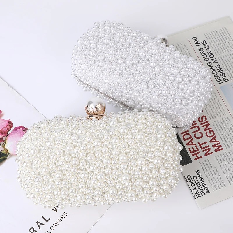 Elegant Beaded Pearl Clutch Bag – White and Gold Evening Handbag